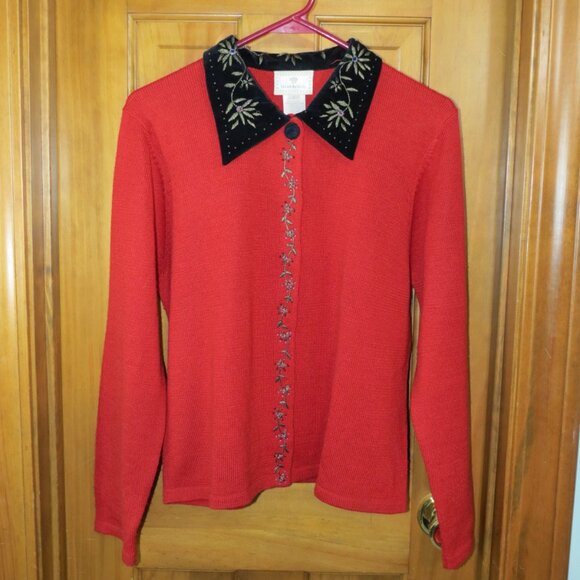 Vtg Susan Bristol Red Cardigan Sweater Embroidered Black Collar Size Large - Picture 8 of 12